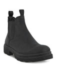 An Ecco Chelsea Boot in black suede with black elastic goring and a black lugged outsole. 