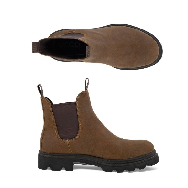 A pair of Ecco brown suede Chelsea boots with dark brown elastic goring and a black lugged outsole. 