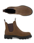 A pair of Ecco brown suede Chelsea boots with dark brown elastic goring and a black lugged outsole. 