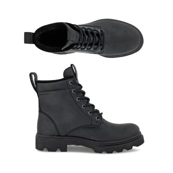 A pair of Ecco black nubuck combat boots with lace closure and a lugged outsole. 