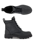 A pair of Ecco black nubuck combat boots with lace closure and a lugged outsole. 