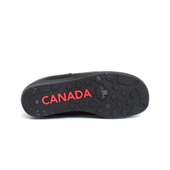 Black rubber outsole with maple leaf pattern and red "Canada" text embossed. 