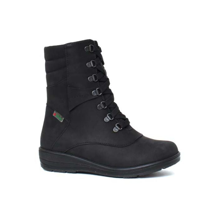 Black mid-height winter boot with black laces and a black outsole. 