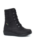 Black mid-height winter boot with black laces and a black outsole. 