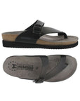 Black leather side view showing side buckle on slip on thong sandal and top view of grey footbed and double strap across the toe of the Helen sandal by Mephisto