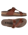 Desert side view showing side buckle on slip on thong sandal and top view of tan footbed and double strap across the toe of the Helen sandal by Mephisto