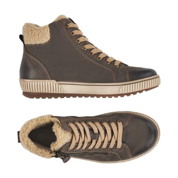 Grey sneaker boot with laces and outside functional zip. These have beige faux fur cuff and beige outsole.