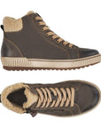 Grey sneaker boot with laces and outside functional zip. These have beige faux fur cuff and beige outsole.