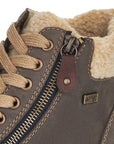 Grey sneaker boot with laces and outside functional zip. These have beige faux fur cuff and beige outsole.