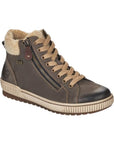 Grey sneaker boot with laces and outside functional zip. These have beige faux fur cuff and beige outsole.