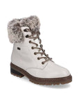 White leather lace-up boot with faux fur cuff and brown outsole.