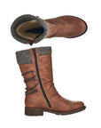 Top and side view of brown mid-height boot with knitted cuff and decorative outside zipper. They have an inside functional zipper and wool lining.