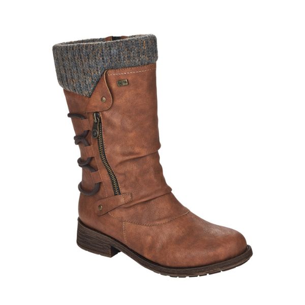 Brown mid-height boot with knitted cuff and decorative outside zipper.