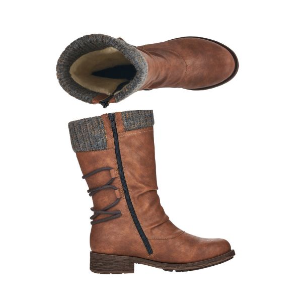 Top and side view of brown mid-height boot with knitted cuff and decorative outside zipper. They have an inside functional zipper and wool lining.