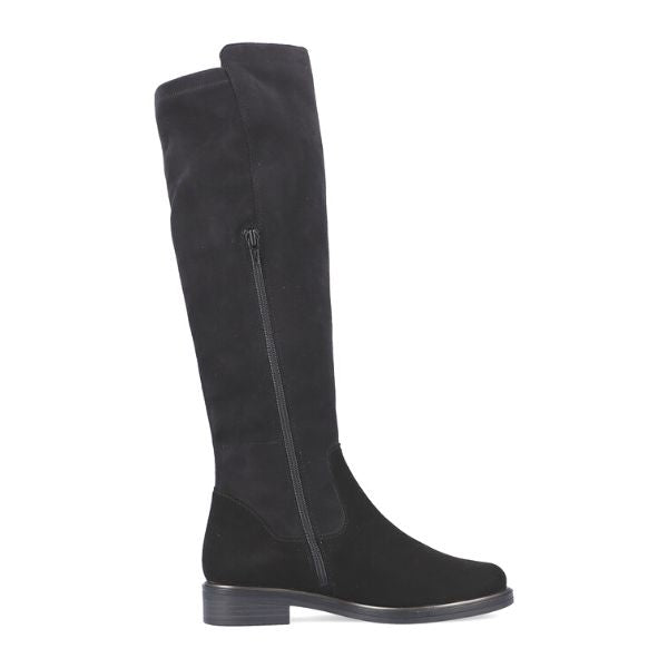 Black tall boot with small silver Remonte emblem at top. Boot has inside zipper closure.