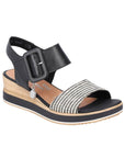 Black and white backstrap wedge sandal.