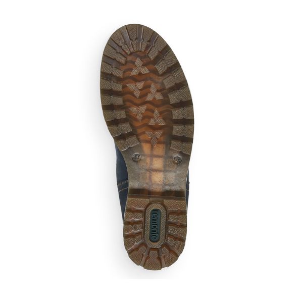 Brown rubber outsole with green Remonte logo on heel.