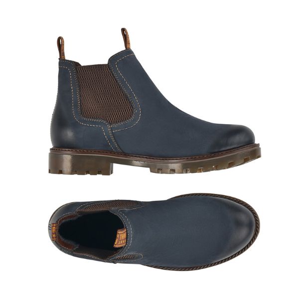 Navy blue Chelsea boot with dark brown elastic goring.