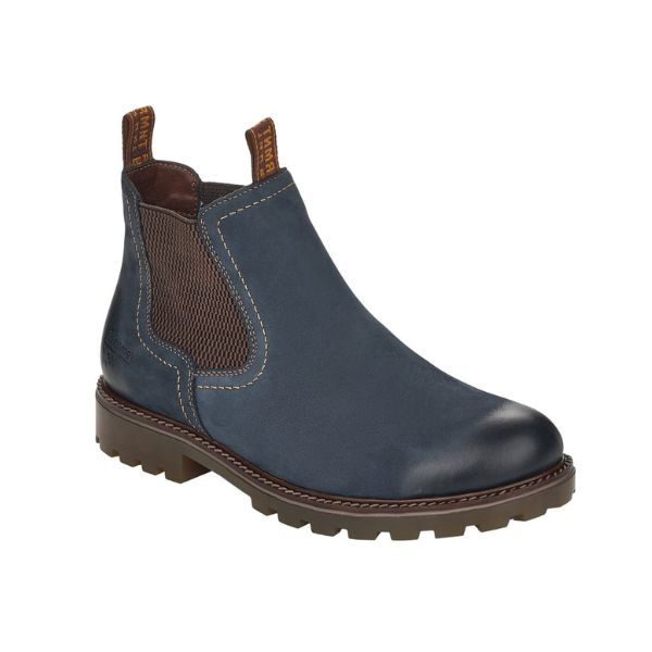 Navy blue Chelsea boot with dark brown elastic goring.