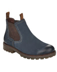 Navy blue Chelsea boot with dark brown elastic goring.