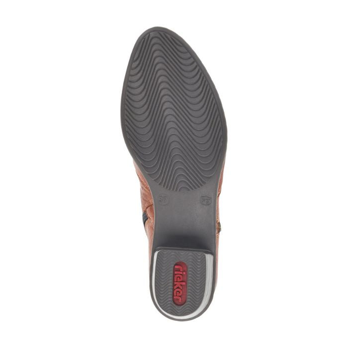 Black wave outsole with red Rieker logo on block heel.