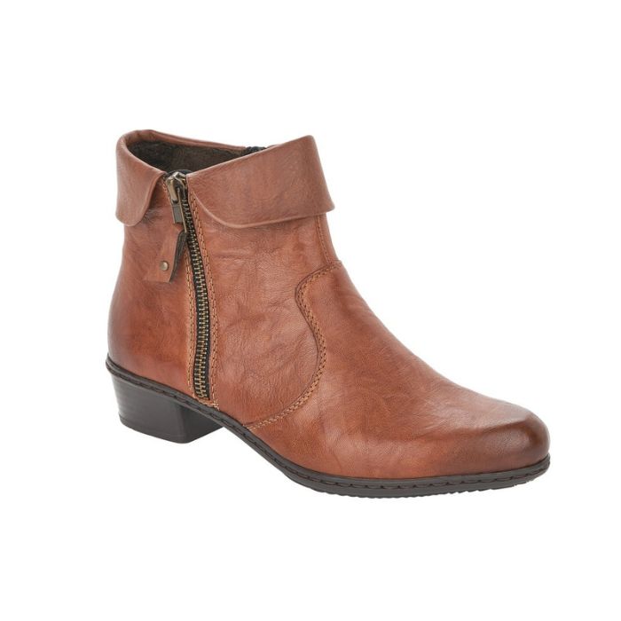 Brown Rieker ankle boot with side zipper, folded down cuff, detailed stitching, and a low heel.