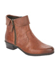 Brown Rieker ankle boot with side zipper, folded down cuff, detailed stitching, and a low heel.