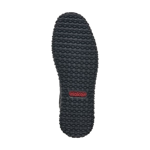 Black outsole with an aggressive tread and red Rieker logo in middle.