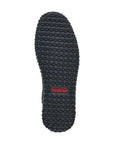 Black outsole with an aggressive tread and red Rieker logo in middle.