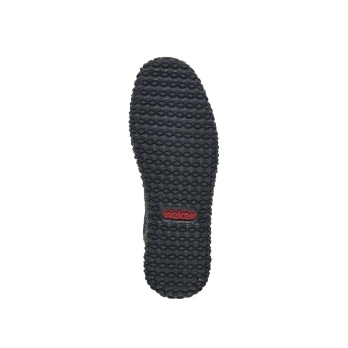 Black outsole with an aggressive tread and red Rieker logo in middle.