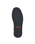 Black outsole with an aggressive tread and red Rieker logo in middle.