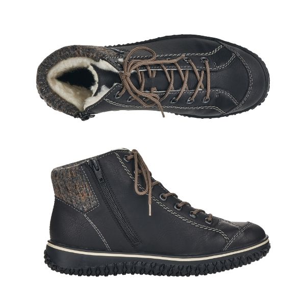 A pair of Rieker black leather sneaker boots with round brown laces, mixed brown fabric heel cuff, white wool lining, circle logo on heel,  and black aggressive tread.