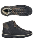 A pair of Rieker black leather sneaker boots with round brown laces, mixed brown fabric heel cuff, white wool lining, circle logo on heel,  and black aggressive tread.