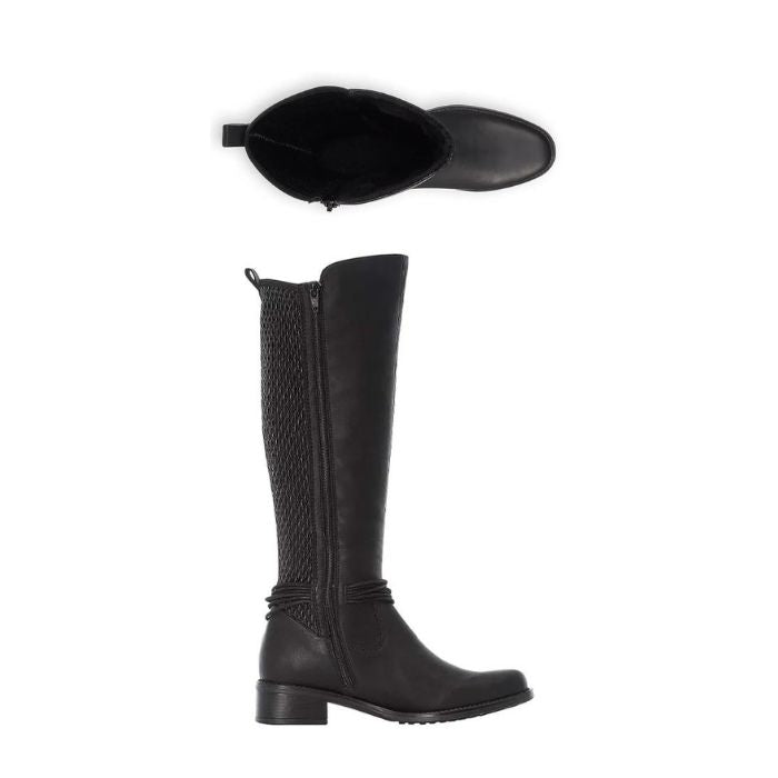 A pair of Rieker tall black leather boots, woven back side and black string wrapped around ankle with silver beads. It has a low black heel.