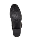 Black tread outsole of tall boot with Rieker logo stamped in middle.