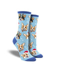 Blue socks with corgis wearing antlers and scarfs