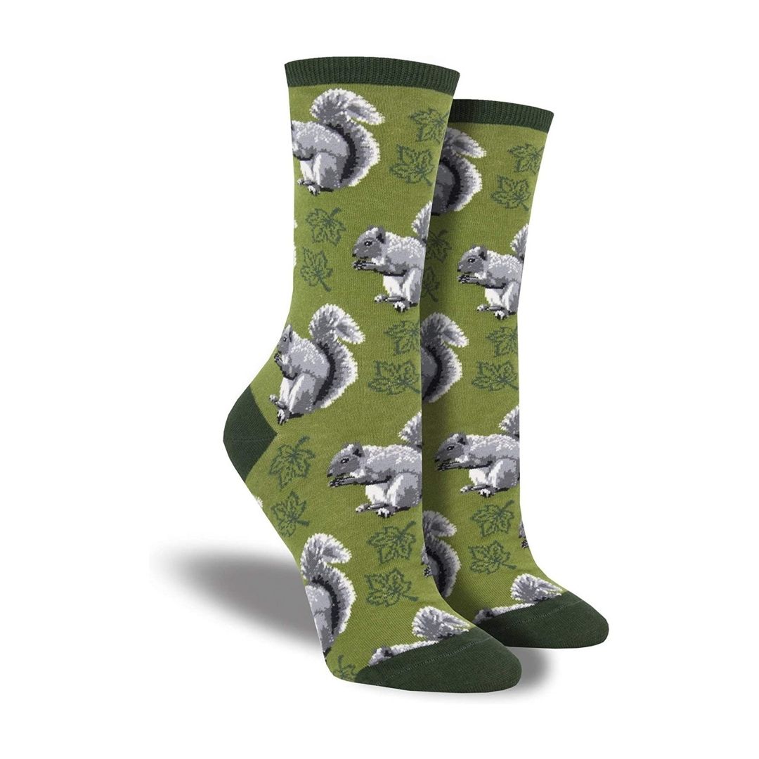 green socks with squirrels and maple leaves