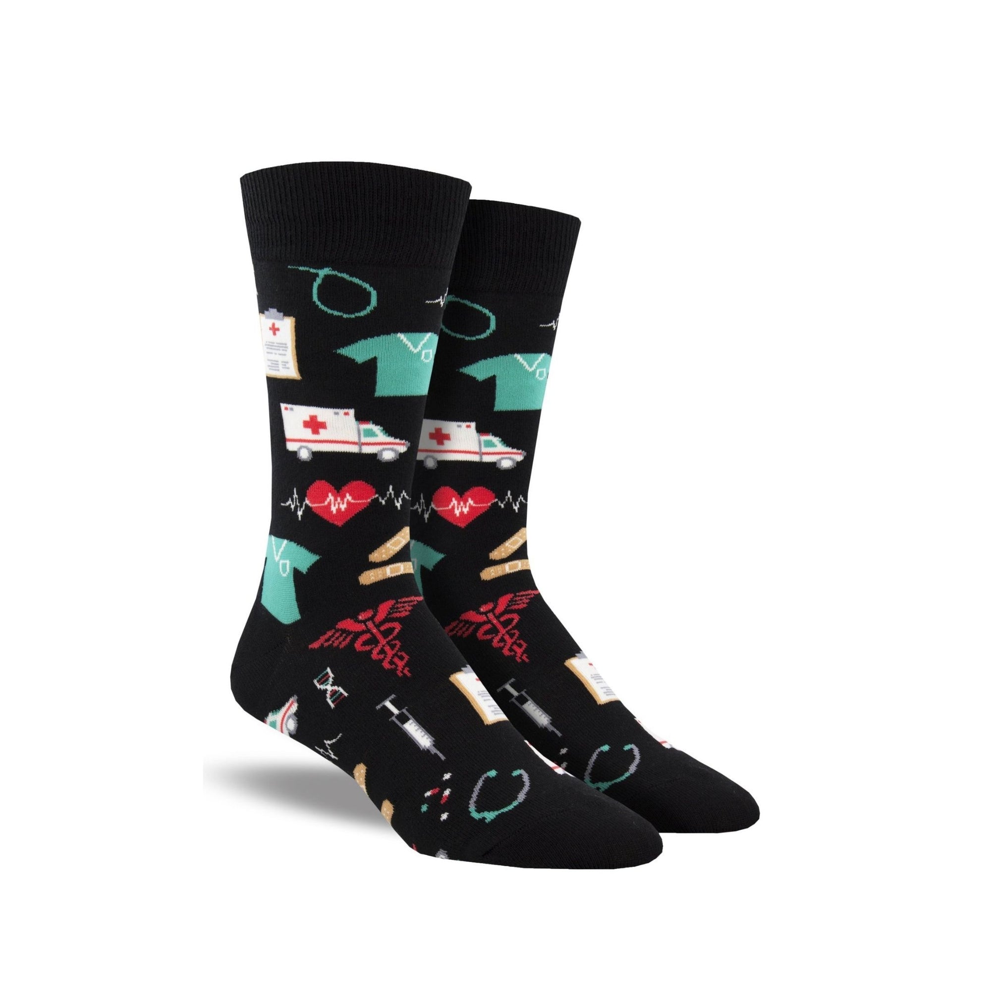 Black socks with hospital related items on it-ambulance, needle, heartbeat etc