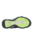 Blue and neon green outsole with white Sorel logo in center.