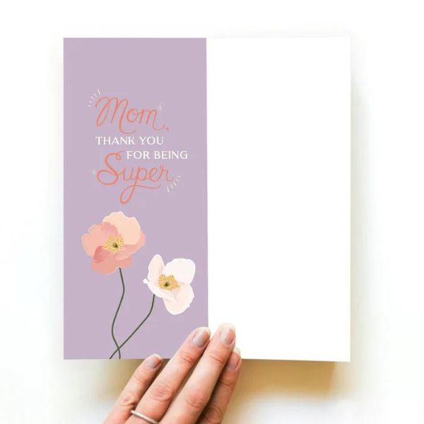 Purple card with flowers and reads &quot;mom, thank you for being super.&quot;