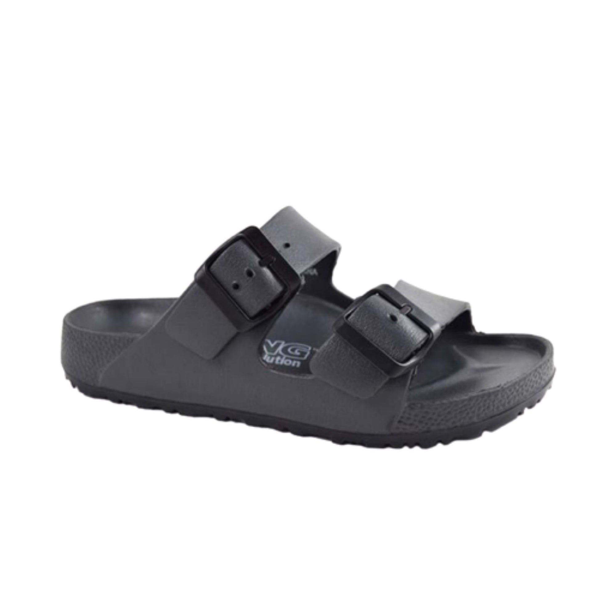 Grey EVA sandal with two black buckles and black outsole.