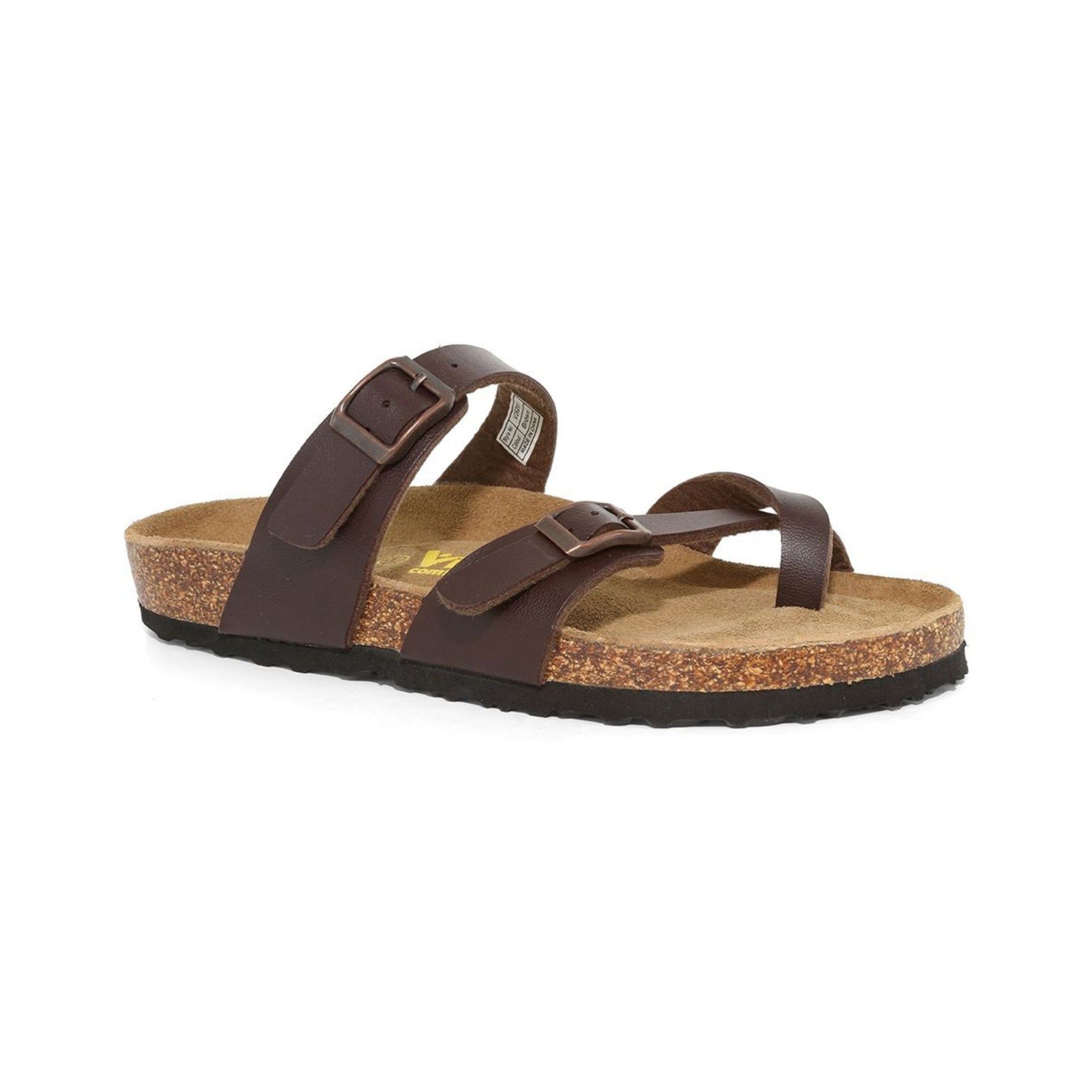 Brown supportive sandal with toe loop, two adjustable buckle closures and a black oustole.