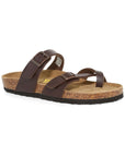 Brown supportive sandal with toe loop, two adjustable buckle closures and a black oustole.