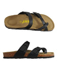 Top and side view of black supportive sandal with toe loop, two adjustable buckle closures and a black outsole. Yellow Viking logo on center of footbed.