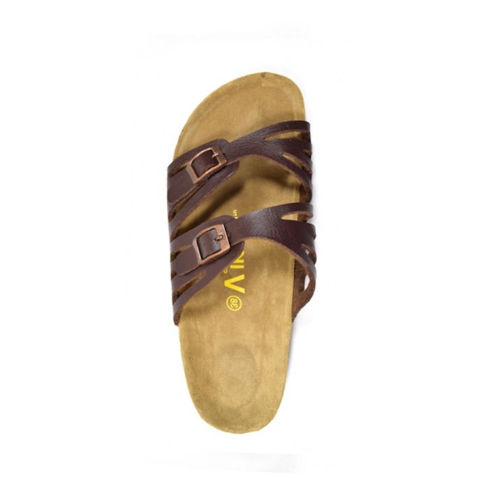 Top view of brown slide sandal with two buckled straps. Yellow Viking logo on center of footbed.