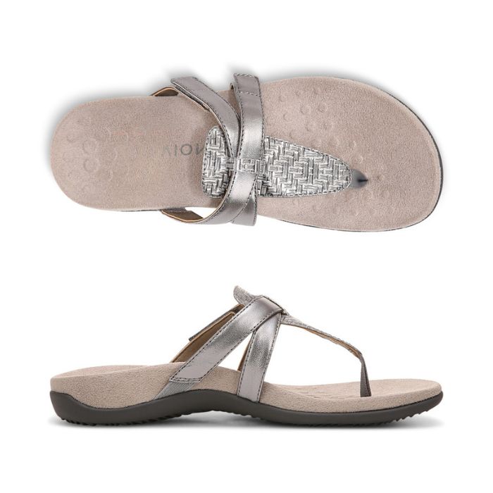 Supportive silver thong sandal.