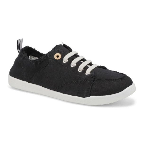 Black cotton canvas slip on sneaker with elastic laces with white outsole.