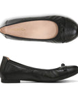 Black leather ballerina flat with bow on toe.