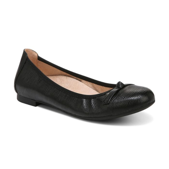 Black leather ballerina flat with bow on toe.