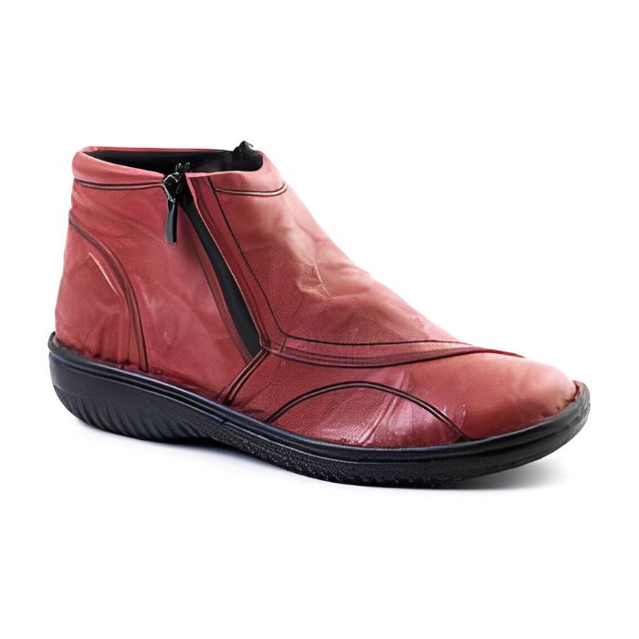 Red Alb ankle boot by Volks Walkers with soft textured upper and side zipper.